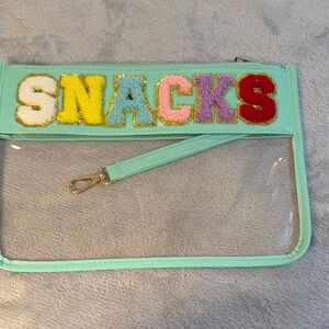 Clear "SNACKS" Pouch - Mint Green Travel Wristlet with Chenille Varsity Patches